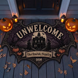 "UNWELCOME" Personalized Bat Shaped Doormat - Gothic Halloween Outdoor Rug Decor for Family Housewarming