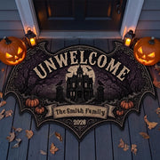 "UNWELCOME" Personalized Bat Shaped Doormat - Gothic Halloween Outdoor Rug Decor for Family Housewarming