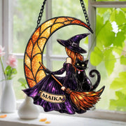 Personalized Witch and Black Cat Suncatcher Ornament - Custom Halloween Keepsake Decor