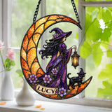 Personalized Witch and Black Cat Suncatcher Ornament - Custom Halloween Keepsake Decor