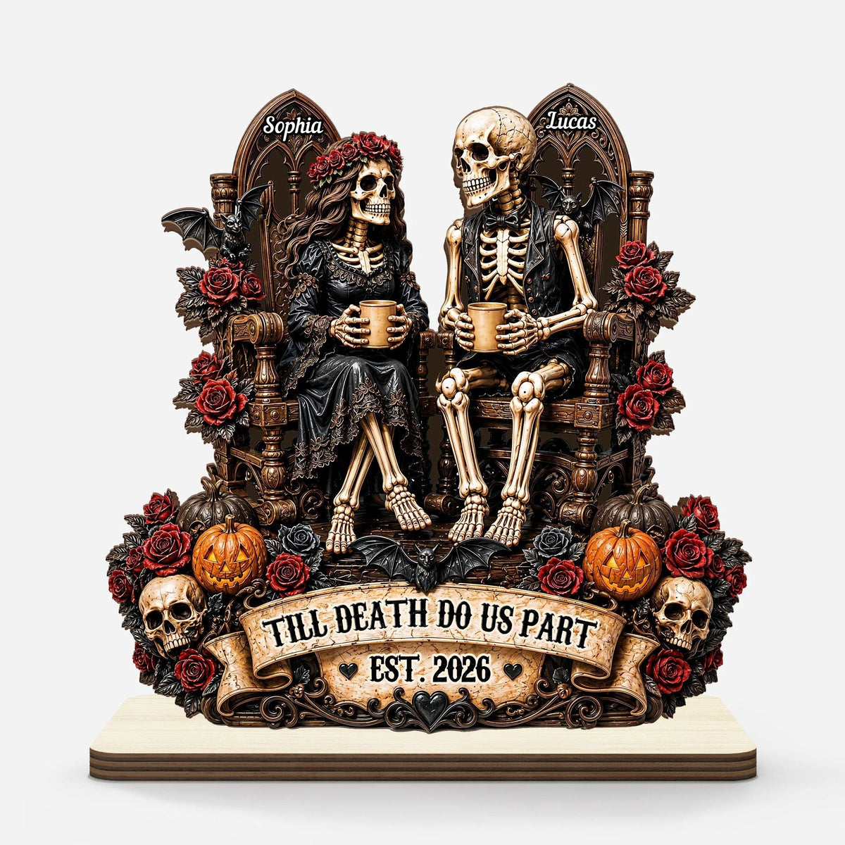 "Till Death Do Us Part" Personalized Skeleton Couple Wooden Plaque - Custom Anniversary, Wedding & Halloween Gifts