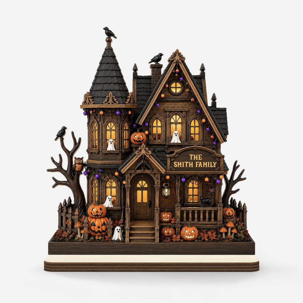 Spooky Halloween Haunted House Wooden Plaque - Personalized Family Name Halloween Decor
