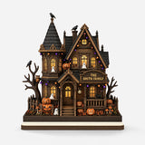 Spooky Halloween Haunted House Wooden Plaque - Personalized Family Name Halloween Decor