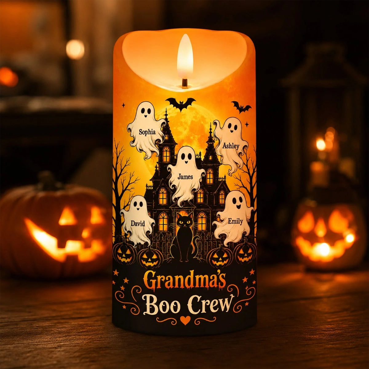 "Grandma's Little Boo Crew" Personalized LED Candle - Custom Haunted House Halloween Decor Gift