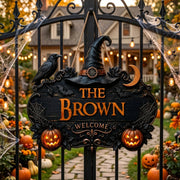 Custom Halloween Witch Welcome Wooden Door Sign - Personalized Family Name Porch Decor