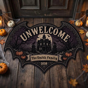 "UNWELCOME" Personalized Bat Shaped Doormat - Gothic Halloween Outdoor Rug Decor for Family Housewarming