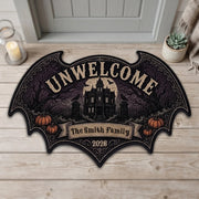 "UNWELCOME" Personalized Bat Shaped Doormat - Gothic Halloween Outdoor Rug Decor for Family Housewarming