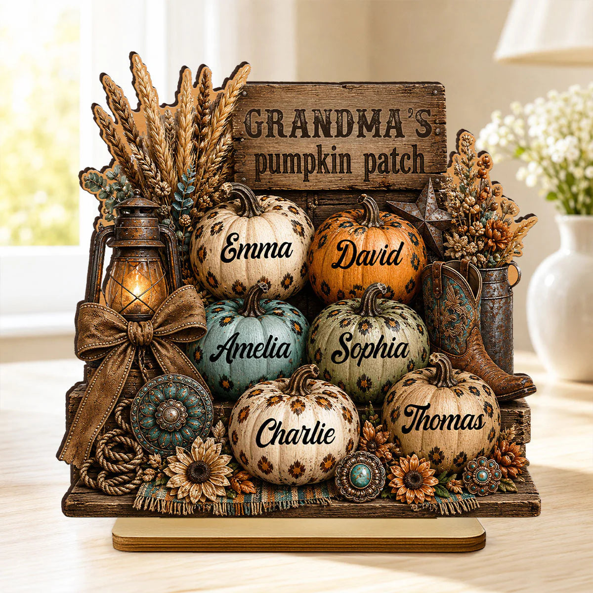 "Grandma's Pumpkin Patch" Custom Wooden Plaque - Personalized Western Leopard Pumpkin Decor Gift for Her