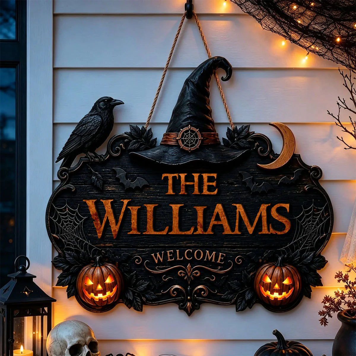 Custom Halloween Witch Welcome Wooden Door Sign - Personalized Family Name Porch Decor