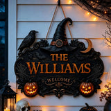 Custom Halloween Witch Welcome Wooden Door Sign - Personalized Family Name Porch Decor