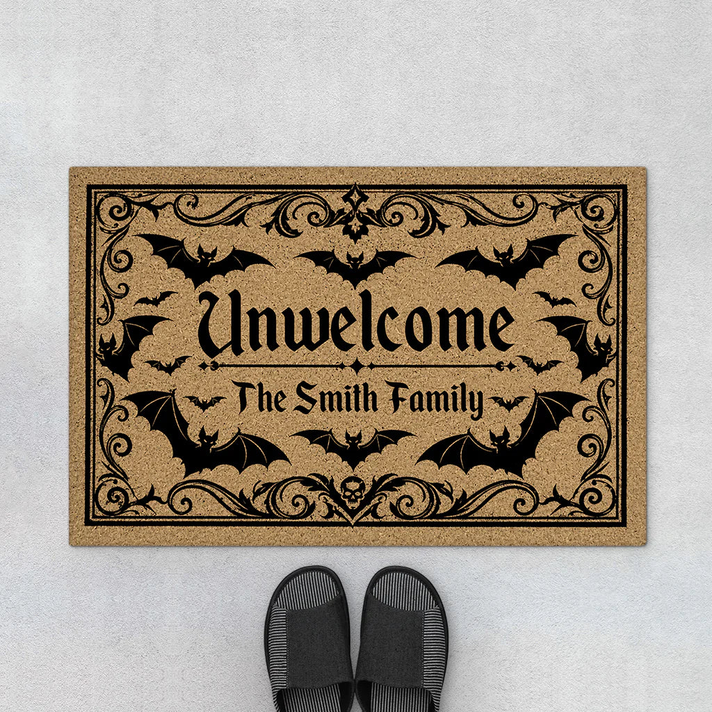 "Unwelcome" Bat Custom Halloween Doormat - Personalized Family Name Spooky Porch Mat