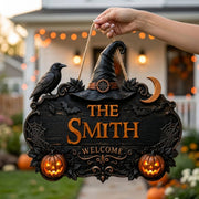 Custom Halloween Witch Welcome Wooden Door Sign - Personalized Family Name Porch Decor