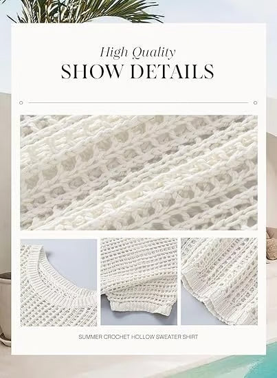 Short Sleeve Crochet Sweater Lightweight Summer Tops Loose Hollow Out Crewneck Pullover