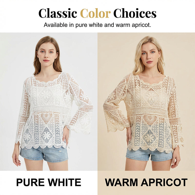 👒 🌊 Women's Vintage-Inspired Lace Cover-Up Blouse – Flare Sleeves. Bohemian Beachwear 🌸
