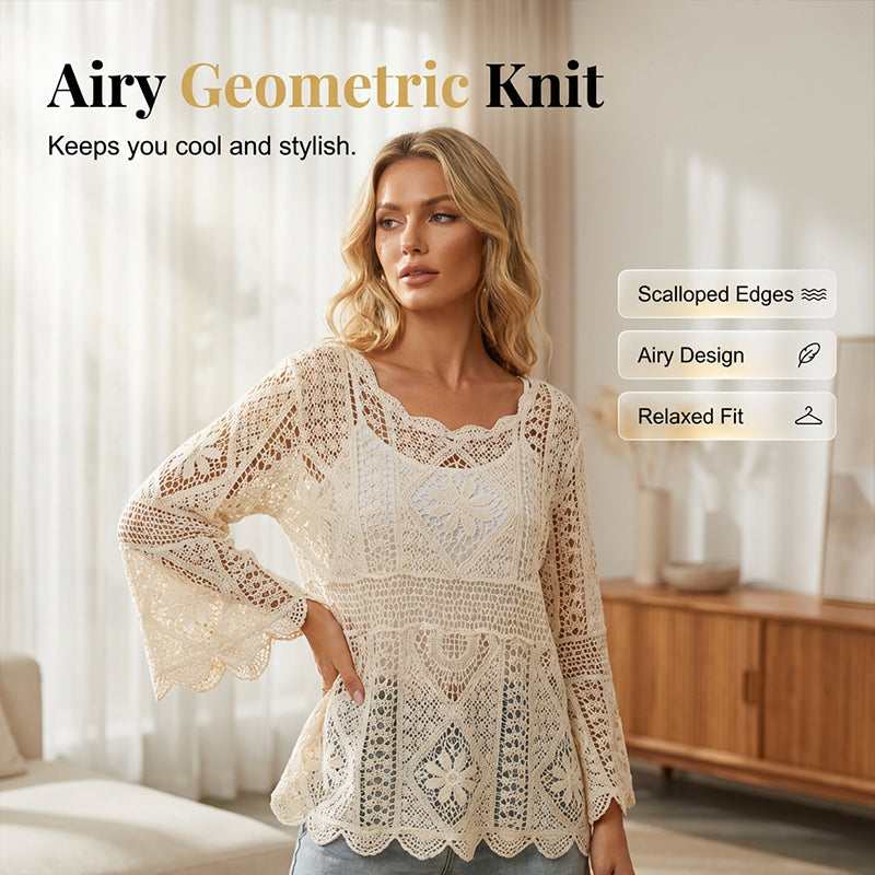 👒 🌊 Women's Vintage-Inspired Lace Cover-Up Blouse – Flare Sleeves. Bohemian Beachwear 🌸