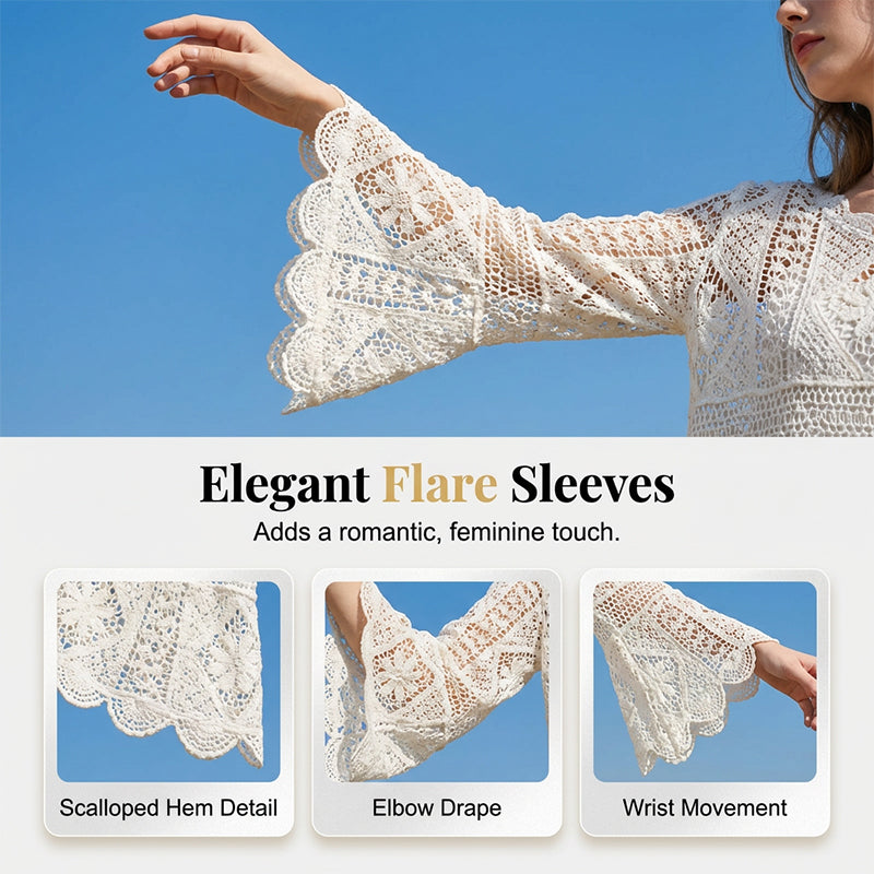 👒 🌊 Women's Vintage-Inspired Lace Cover-Up Blouse – Flare Sleeves. Bohemian Beachwear 🌸