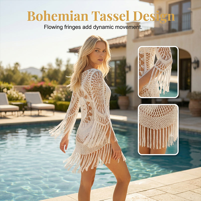 👙 NU 51% KORTING! 🌊 Boheemse gehaakte strandcover-up met kwastjes – Luchtig. soepel vallend & boho-chic – perfect voor aan het zwembad. op het strand of op zomervakantie – met verstelbare pasvorm 🧶