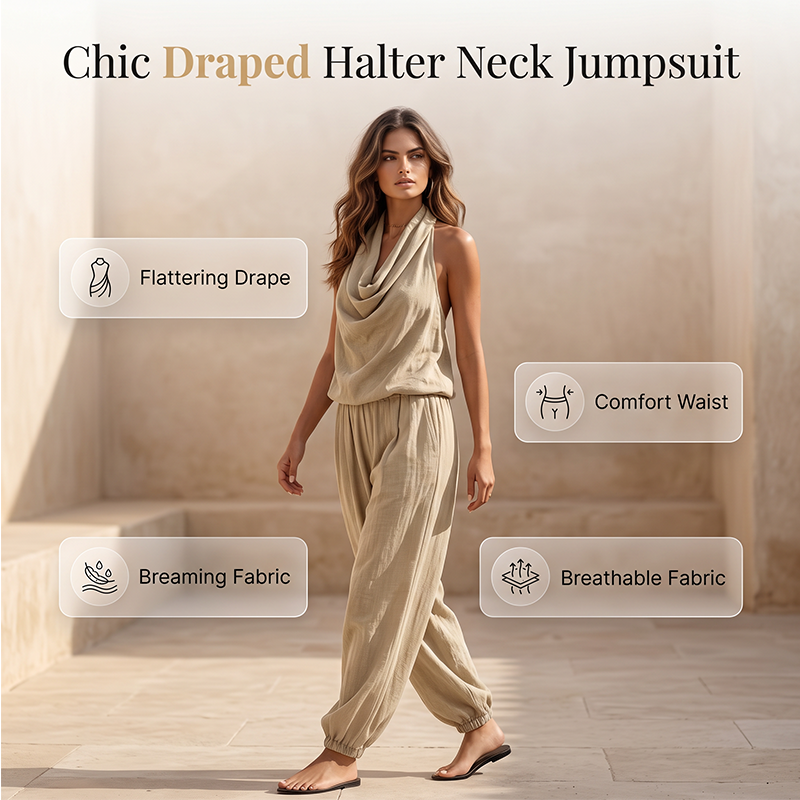 👗 50% OFF NOW! ✨ CHIC DRAPED HALTER NECK JUMPSUIT – Breathable wide-leg. elegant drape & day-to-night versatility – Effortless style for any occasion 🌙