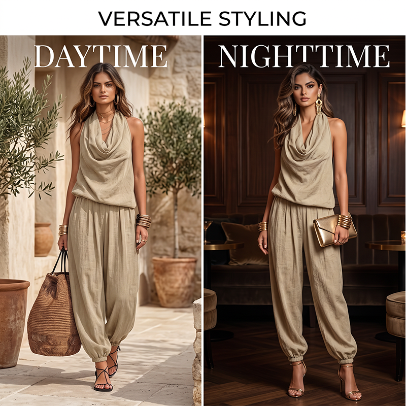 👗 50% OFF NOW! ✨ CHIC DRAPED HALTER NECK JUMPSUIT – Breathable wide-leg. elegant drape & day-to-night versatility – Effortless style for any occasion 🌙