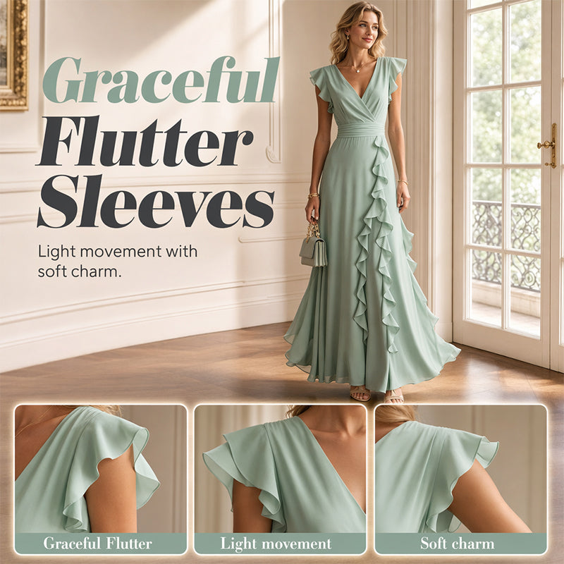 Women's V-Neck Ruffled Chiffon Maxi Dress