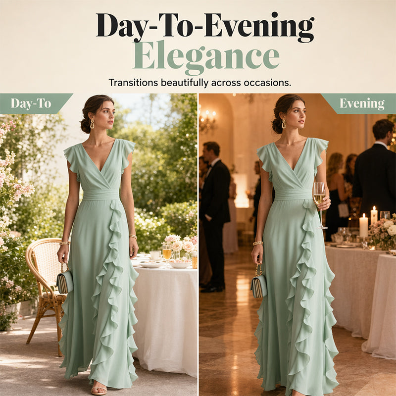 Women's V-Neck Ruffled Chiffon Maxi Dress