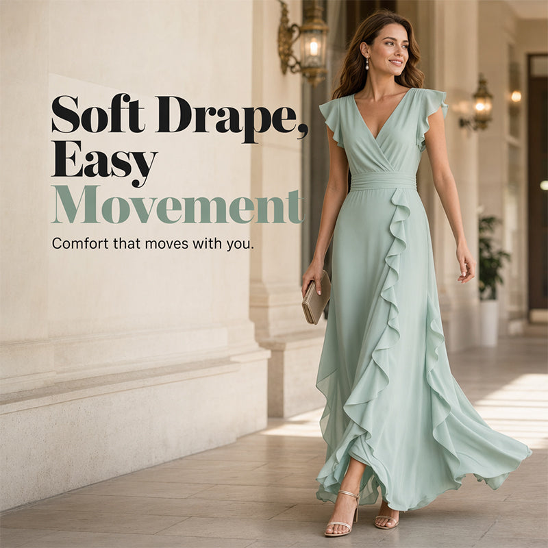 Women's V-Neck Ruffled Chiffon Maxi Dress