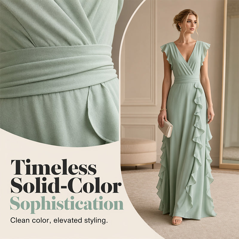 Women's V-Neck Ruffled Chiffon Maxi Dress