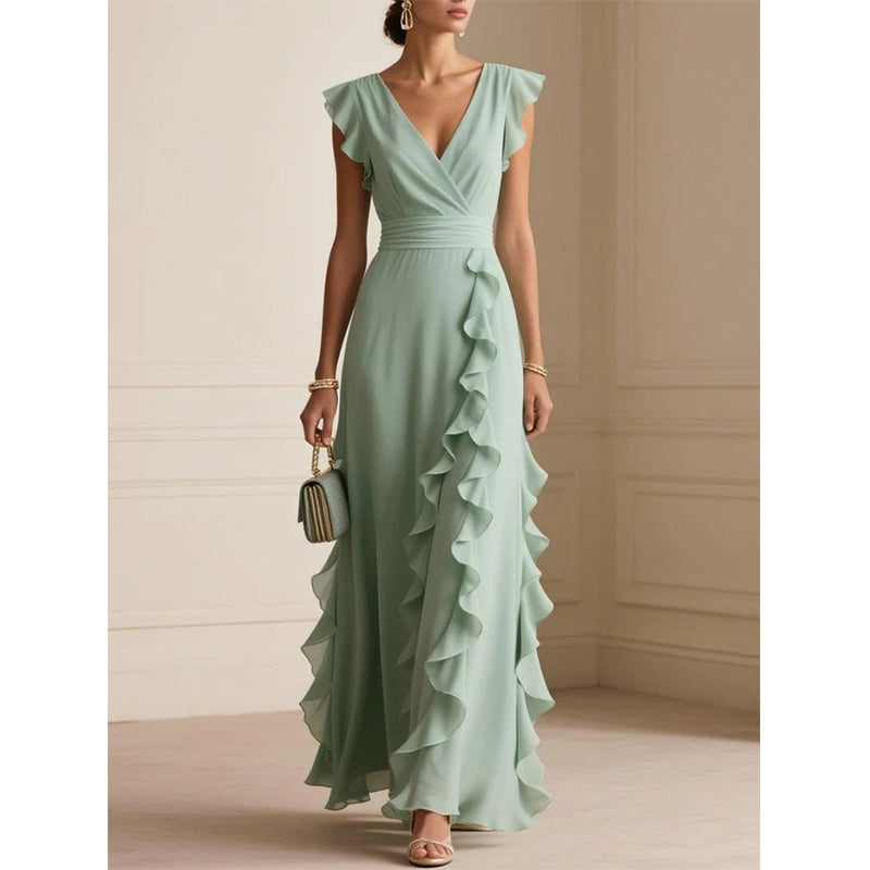 Women's V-Neck Ruffled Chiffon Maxi Dress