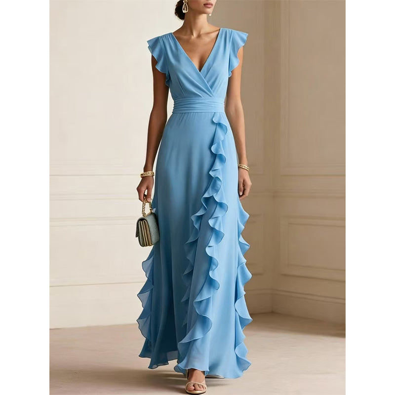 Women's V-Neck Ruffled Chiffon Maxi Dress