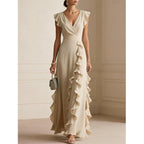 Women's V-Neck Ruffled Chiffon Maxi Dress