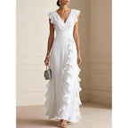 Women's V-Neck Ruffled Chiffon Maxi Dress
