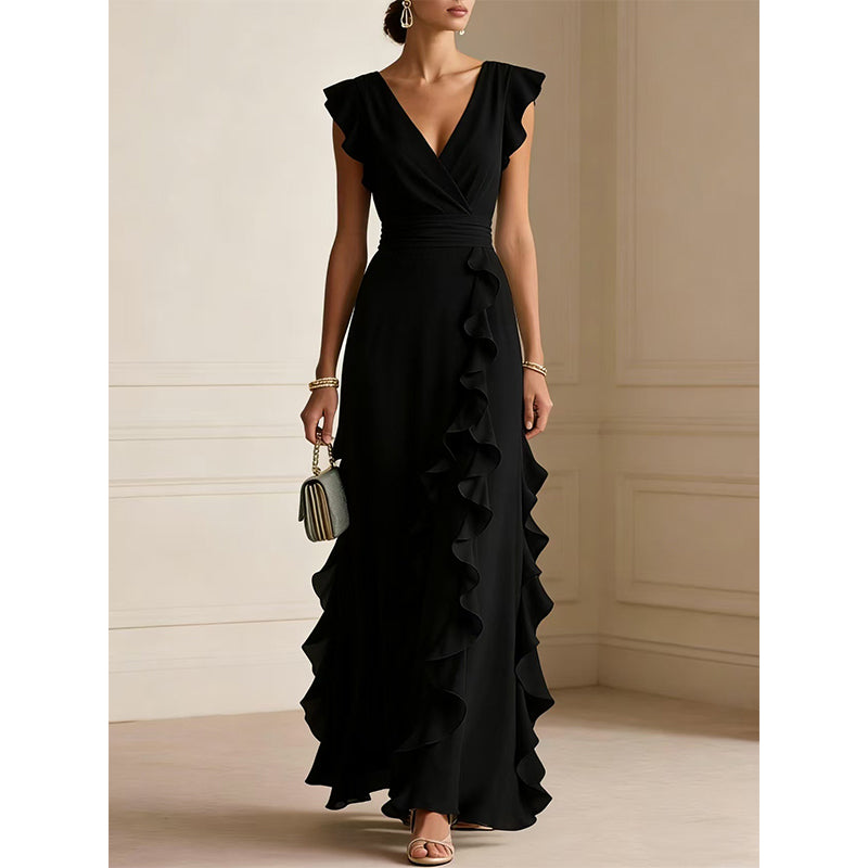Women's V-Neck Ruffled Chiffon Maxi Dress