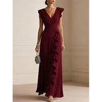Women's V-Neck Ruffled Chiffon Maxi Dress