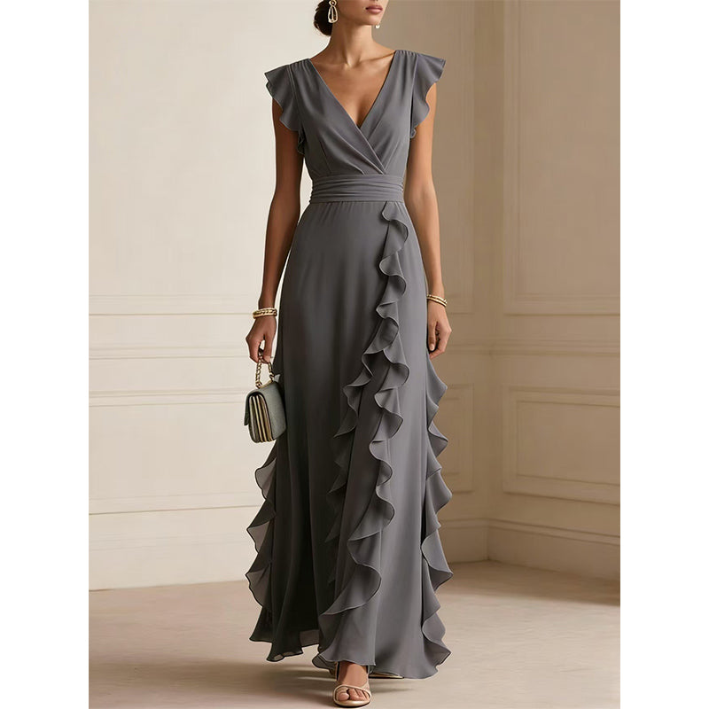 Women's V-Neck Ruffled Chiffon Maxi Dress