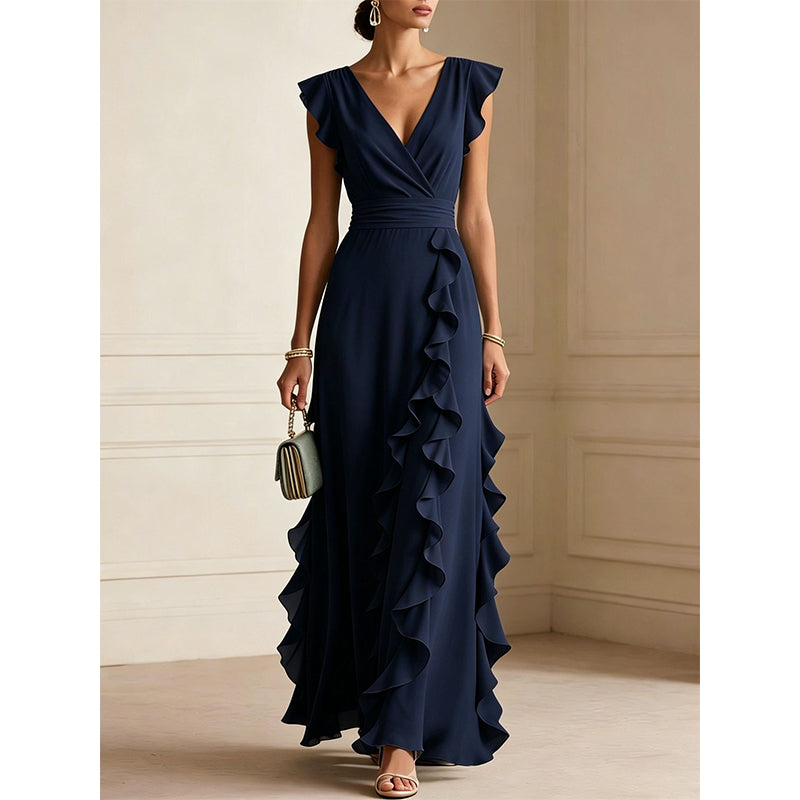 Women's V-Neck Ruffled Chiffon Maxi Dress