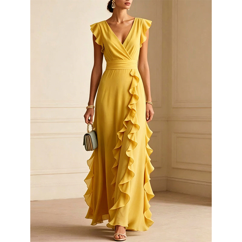 Women's V-Neck Ruffled Chiffon Maxi Dress