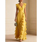 Women's V-Neck Ruffled Chiffon Maxi Dress