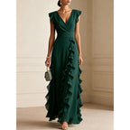 Women's V-Neck Ruffled Chiffon Maxi Dress