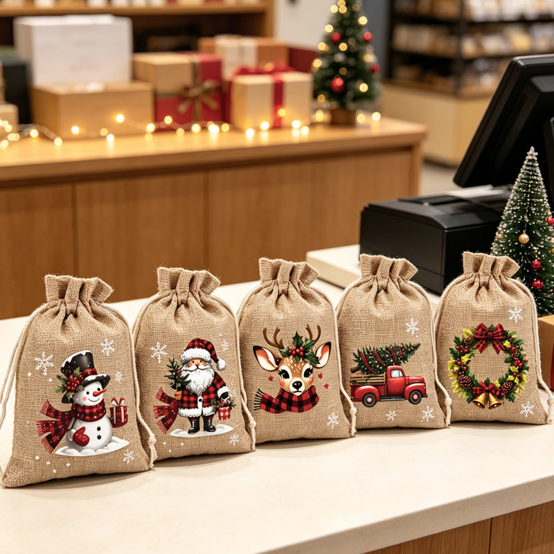 🎁 Christmas Drawstring Gift Bags – Festive Santa & Reindeer Prints. Double Drawstring Closure & Durable Fabric – Holiday Cheer in Every Gift ✨