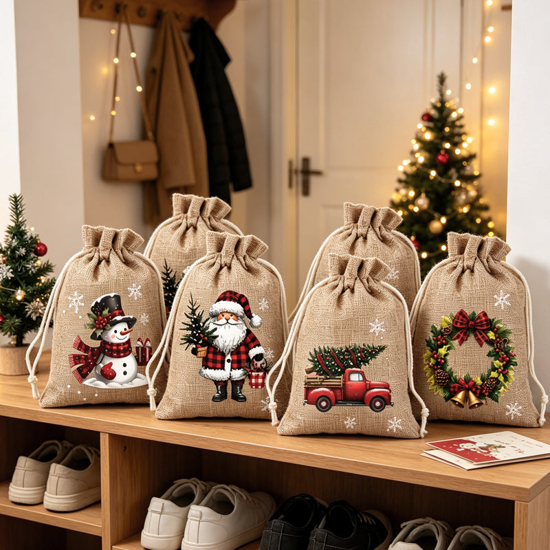 🎁 Christmas Drawstring Gift Bags – Festive Santa & Reindeer Prints. Double Drawstring Closure & Durable Fabric – Holiday Cheer in Every Gift ✨