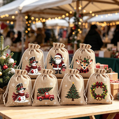 🎁 Christmas Drawstring Gift Bags – Festive Santa & Reindeer Prints. Double Drawstring Closure & Durable Fabric – Holiday Cheer in Every Gift ✨