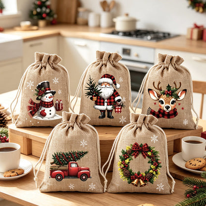 🎁 Christmas Drawstring Gift Bags – Festive Santa & Reindeer Prints. Double Drawstring Closure & Durable Fabric – Holiday Cheer in Every Gift ✨