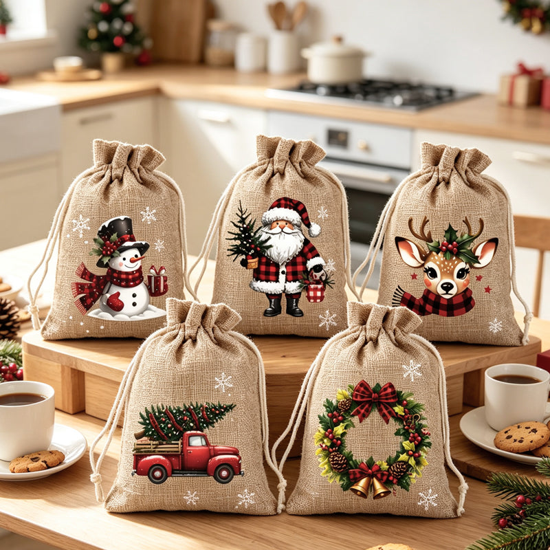 🎁 Christmas Drawstring Gift Bags – Festive Santa & Reindeer Prints. Double Drawstring Closure & Durable Fabric – Holiday Cheer in Every Gift ✨