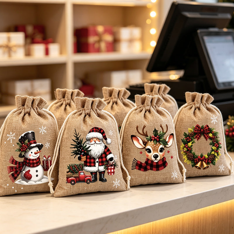 🎁 Christmas Drawstring Gift Bags – Festive Santa & Reindeer Prints. Double Drawstring Closure & Durable Fabric – Holiday Cheer in Every Gift ✨