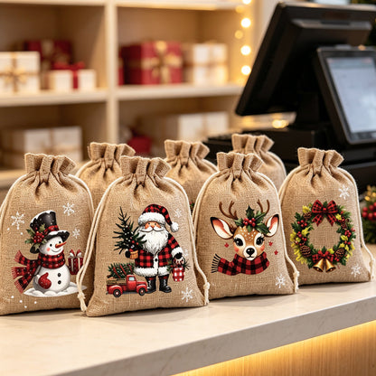 🎁 Christmas Drawstring Gift Bags – Festive Santa & Reindeer Prints. Double Drawstring Closure & Durable Fabric – Holiday Cheer in Every Gift ✨