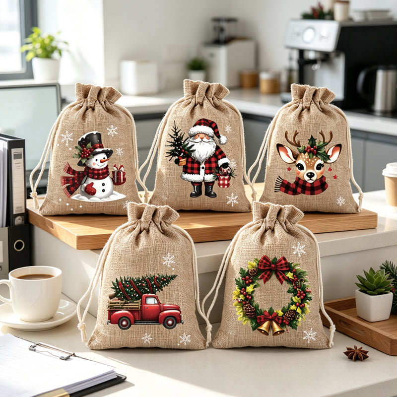 🎁 Christmas Drawstring Gift Bags – Festive Santa & Reindeer Prints. Double Drawstring Closure & Durable Fabric – Holiday Cheer in Every Gift ✨