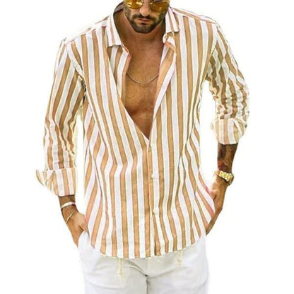 Spring summer men's polyester striped button shirt