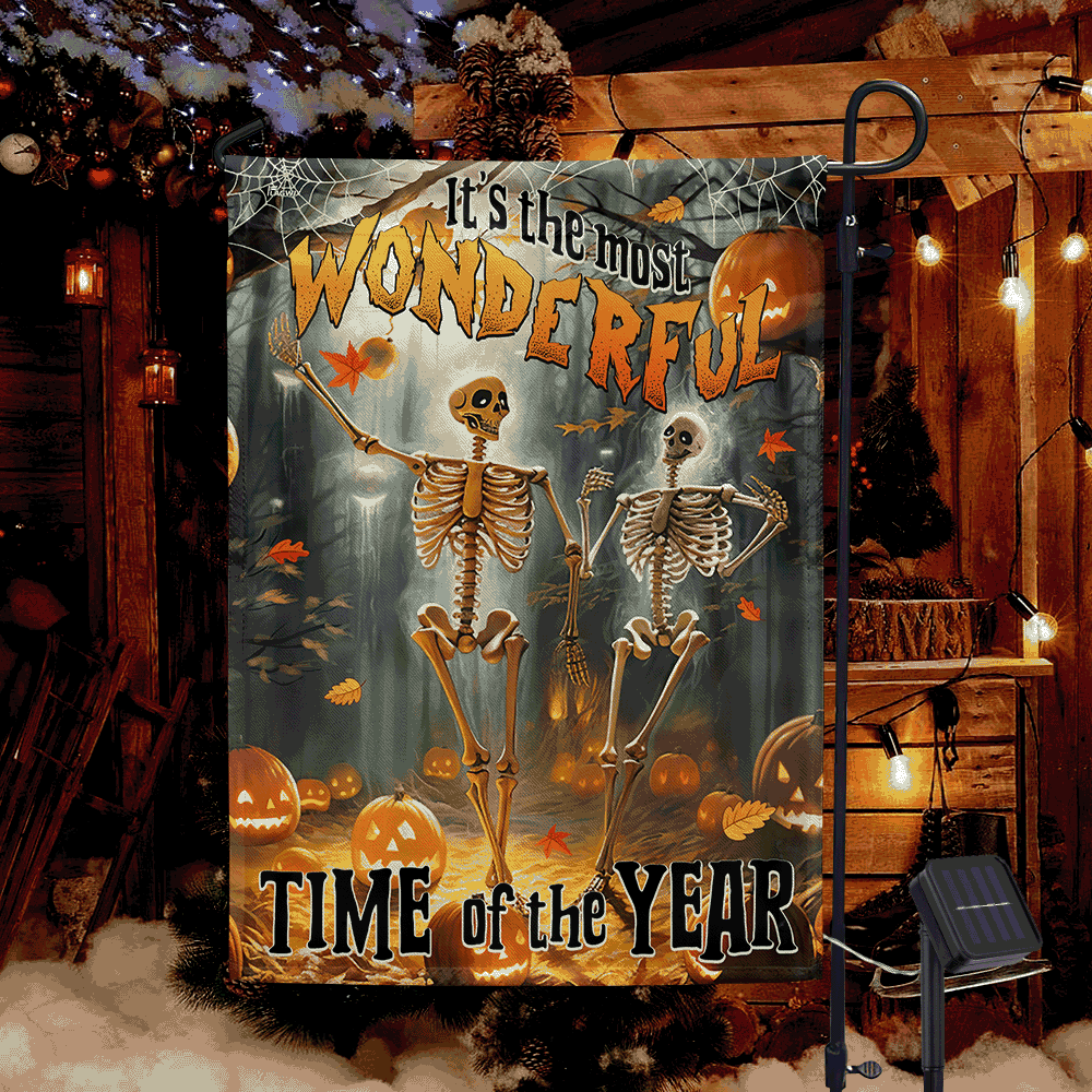 Skull Skeleton Fall Halloween Pumpkin It's The Most Wonderful Time Of The Year, Halloween Solar Led Garden Flag